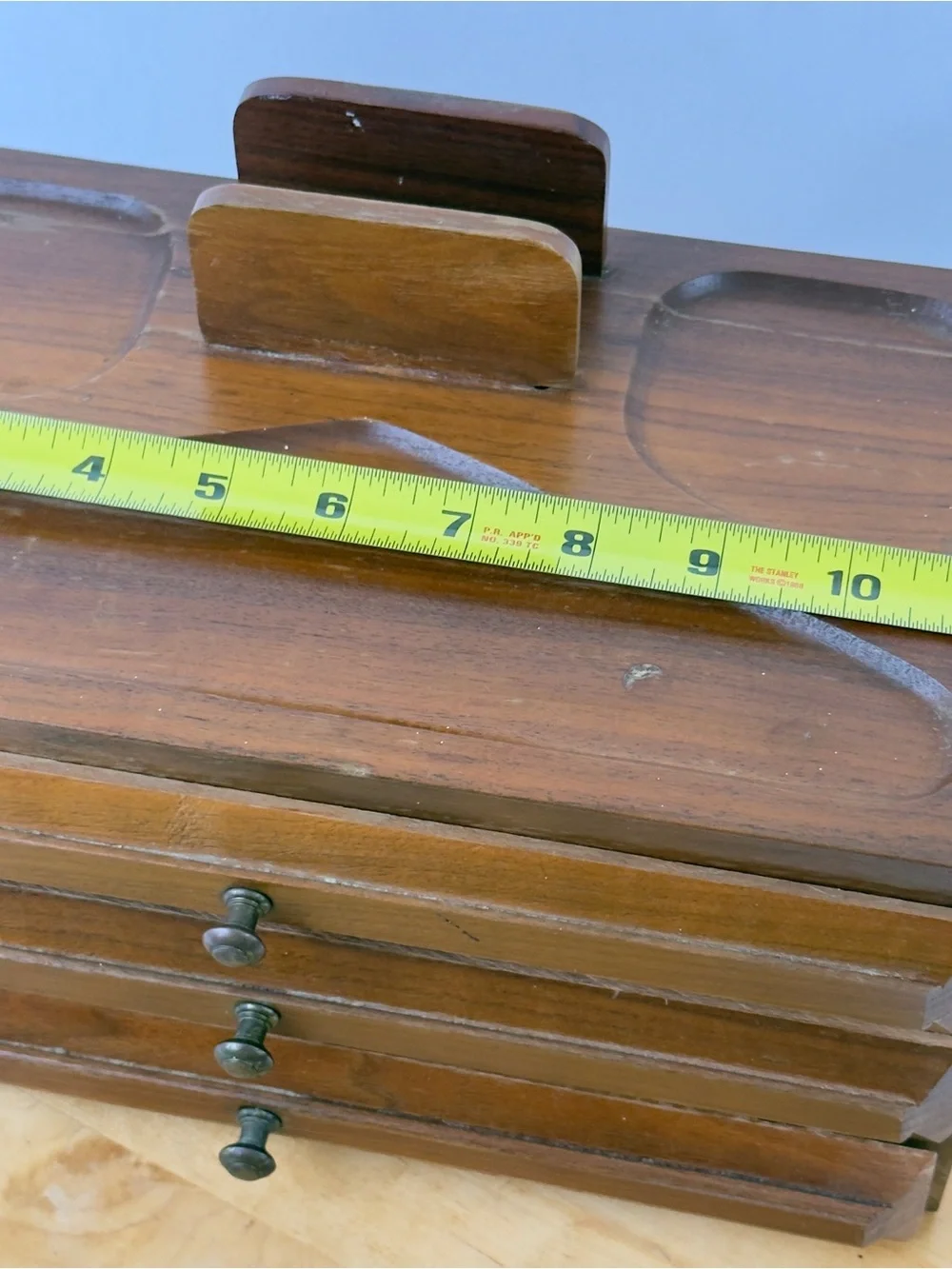 Mid Century Walnut Wood Desk Organizer Jewelry Desk Valet Box w Drawers Catchall